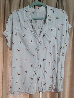 White Button-Up Top with Giraffe Print